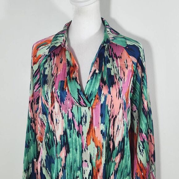 Colorful Abstract Print Boho Blouse with V-Neck and Full Sleeves Size Large - Picture 2 of 9